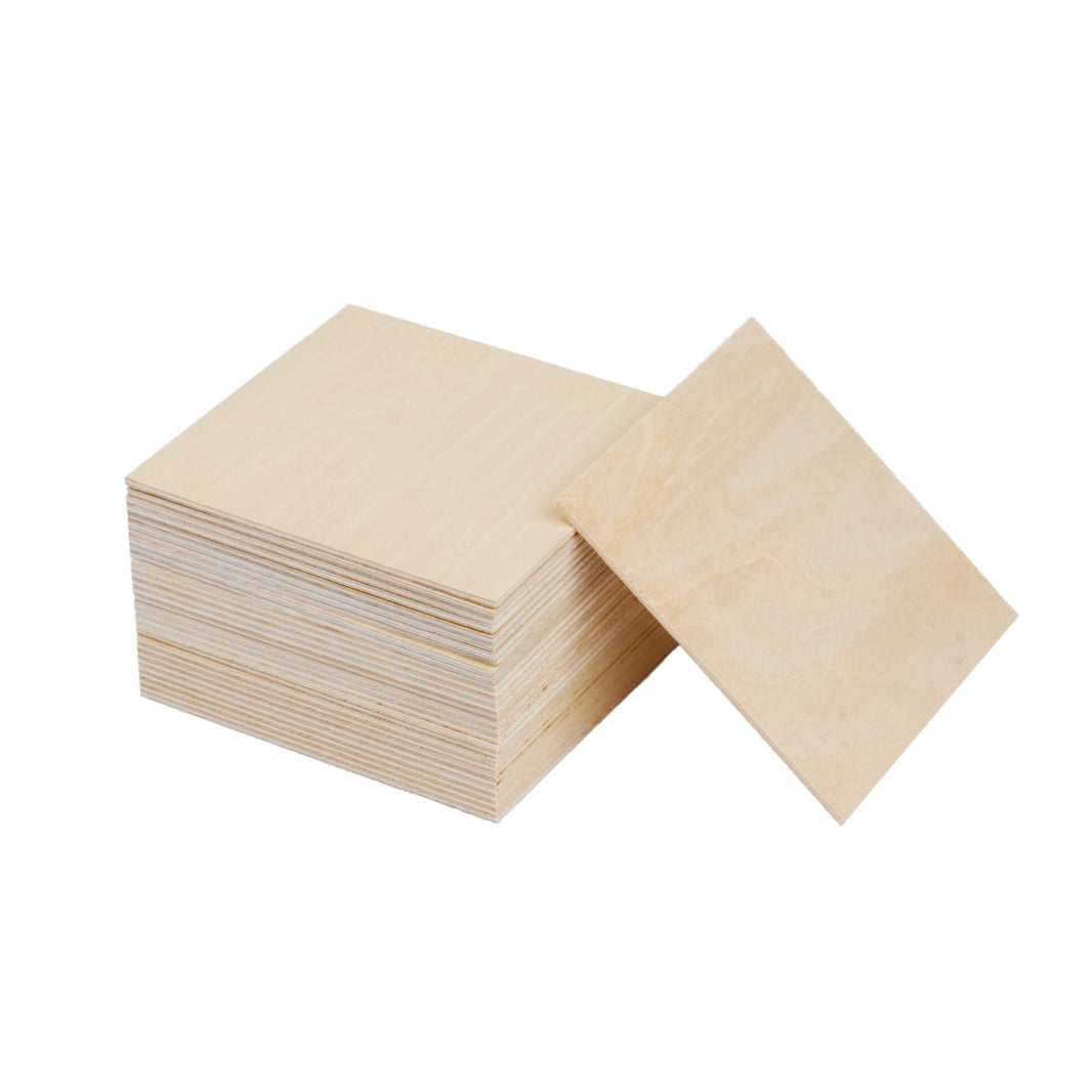 Stack of smooth, unfinished square plywood sheets, ideal as blank laser engraving materials for DIY crafts, custom signs, and decorative projects, shown against a clean white background.