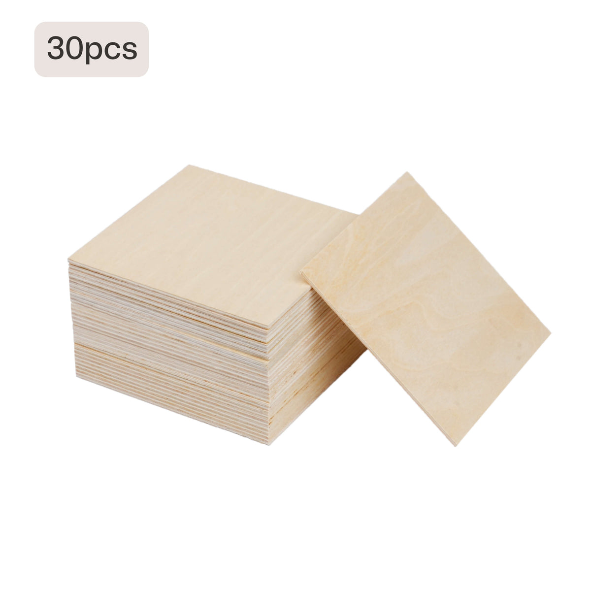 Pack of 30 unfinished square plywood sheets, displayed as blank laser engraving materials for DIY crafts, custom signage, and creative projects, stacked against a clean white background.
