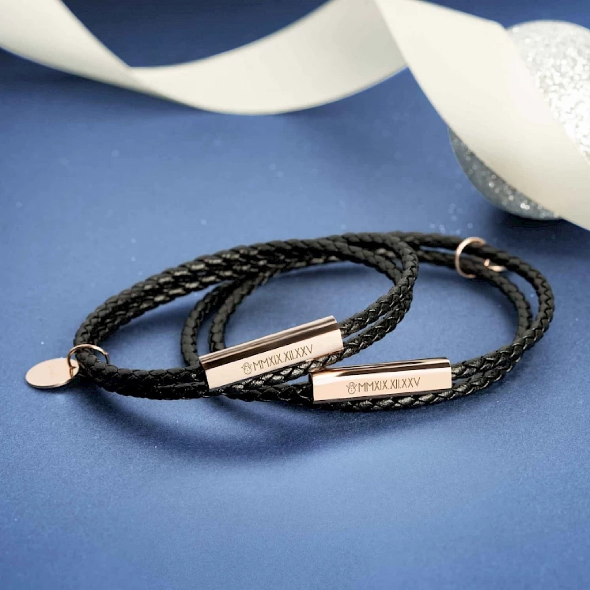 Braided Leather Bracelet with Stainless Steel Rod (2 pcs)