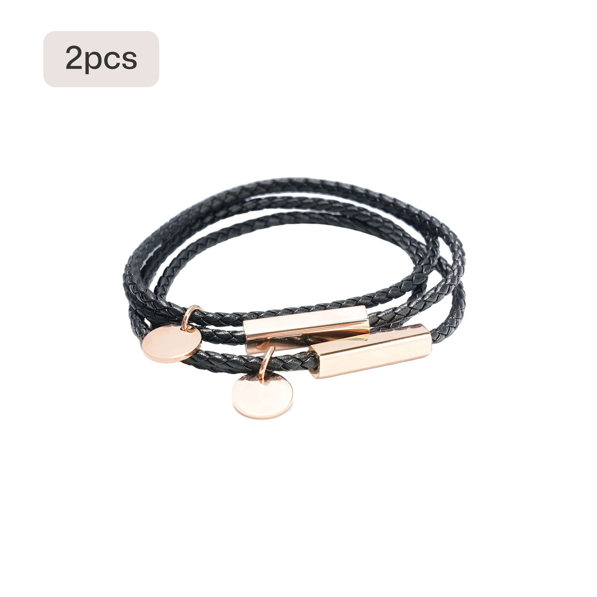 Braided Leather Bracelet with Stainless Steel Rod (2 pcs)
