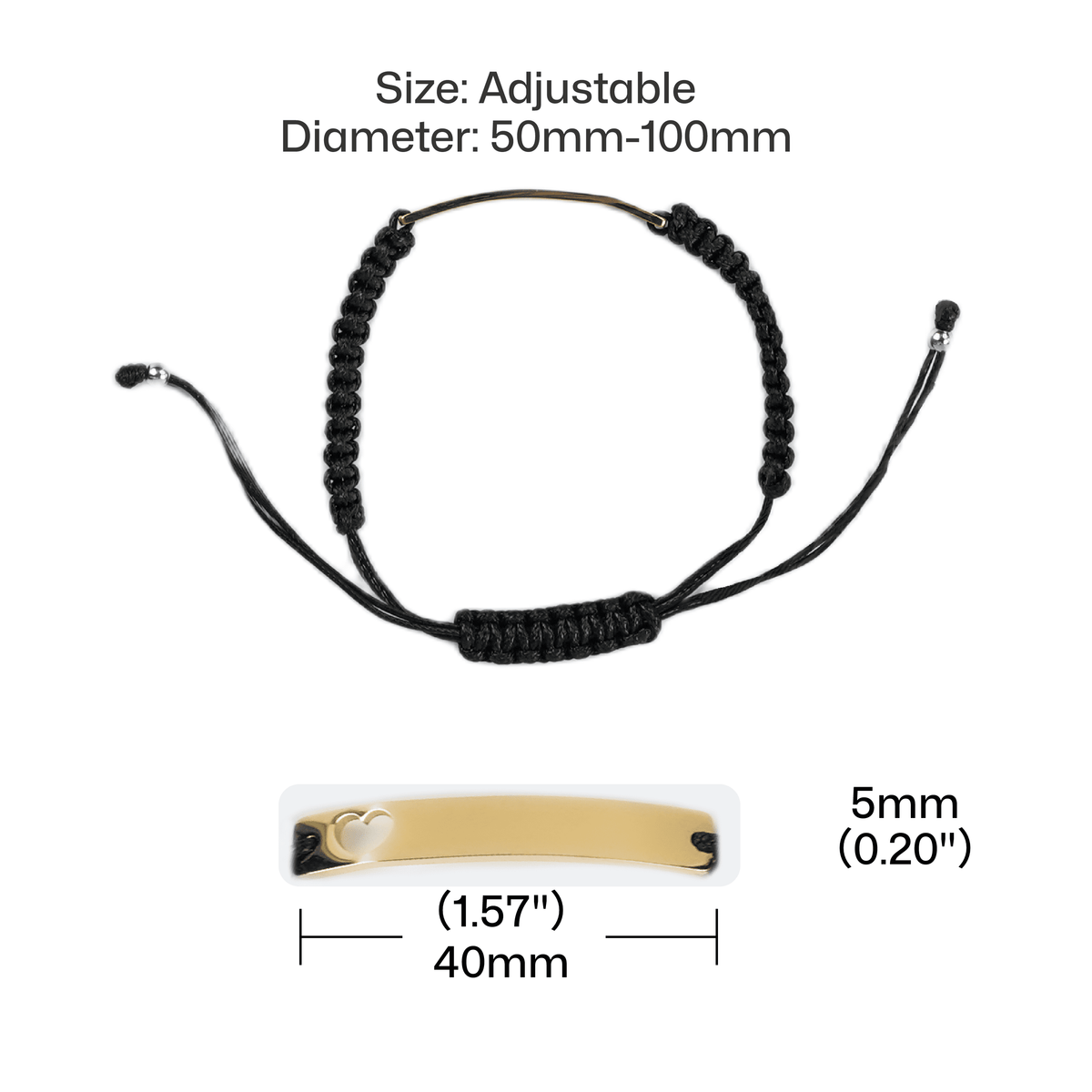 A technical size specification diagram for a personalized adjustable braided bracelet, showing the full bracelet with a sliding knot closure, and a close-up of the gold-toned engraving plate (40mm × 5mm) with a heart cutout. Text indicates the bracelet diameter adjusts from 50mm to 100mm.