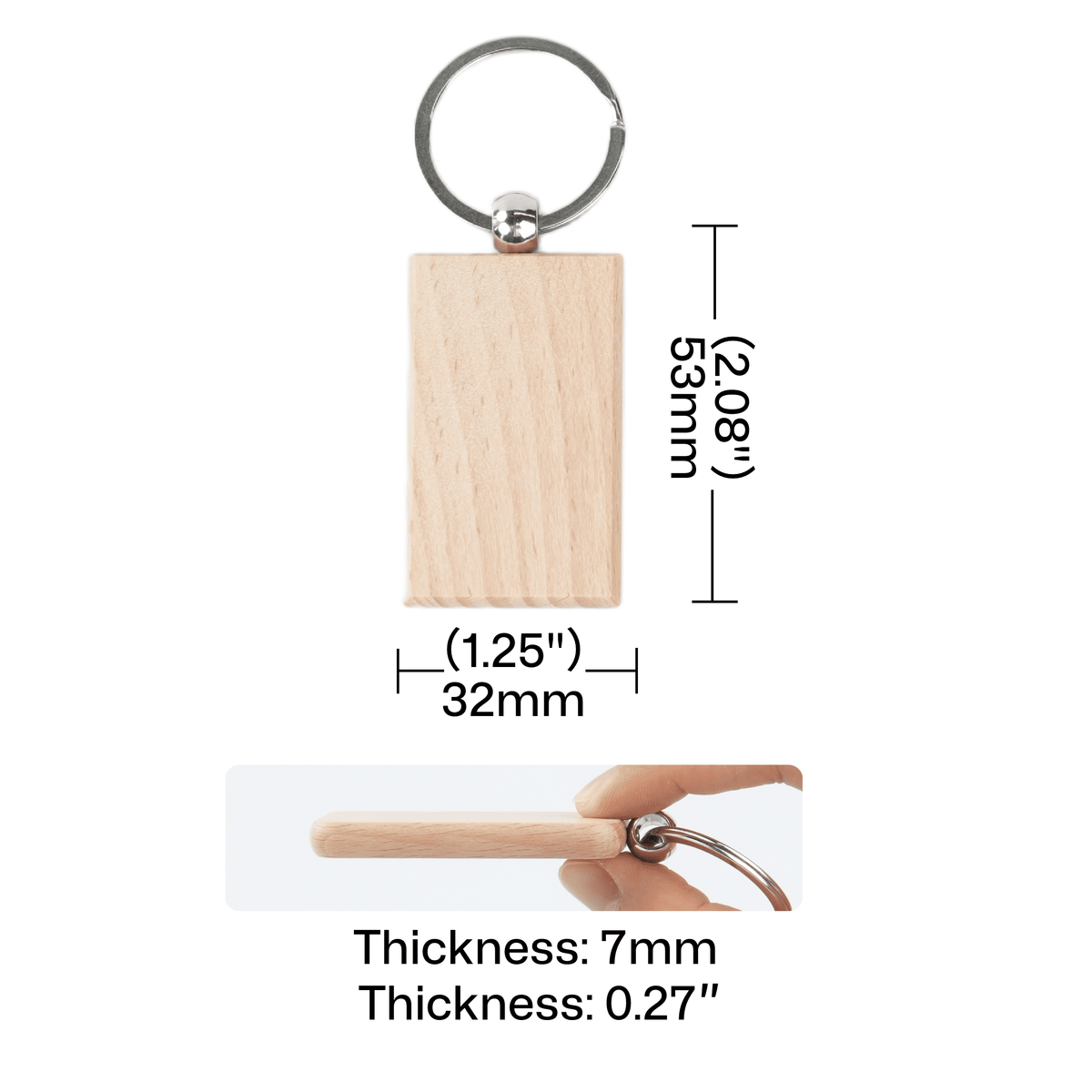 rectangular wooden keychain blank with length width and thickness dimensions for laser engraving machine setup.