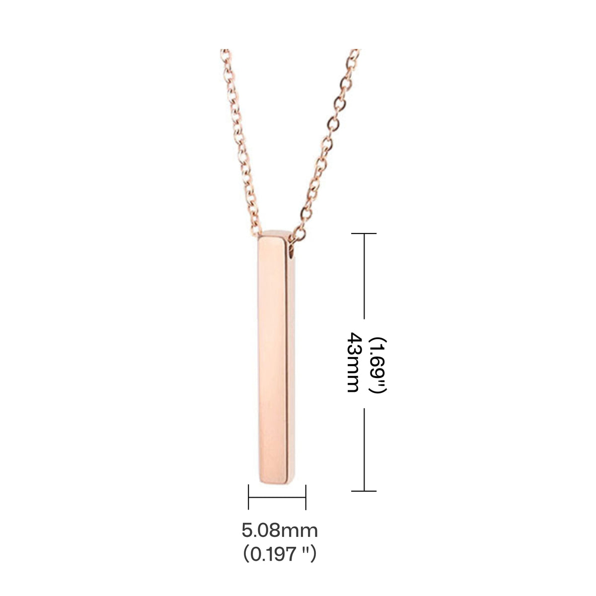 stainless steel vertical bar pendant with length width and thickness dimensions for laser engraving setup.