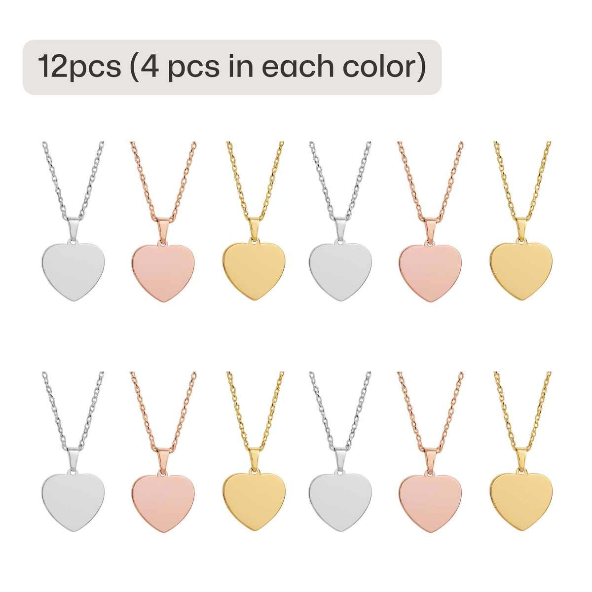 12 blank heart-shaped pendant necklaces, evenly divided into three polished metal finishes: 4 silver, 4 rose gold, and 4 yellow gold. Each smooth, unengraved heart pendant is designed for laser personalization, making the collection ideal for bulk gifting, crafting, or resale, where names, initials, or symbols can be added to create unique, sentimental pieces for occasions like birthdays, anniversaries, or Valentine’s Day.
