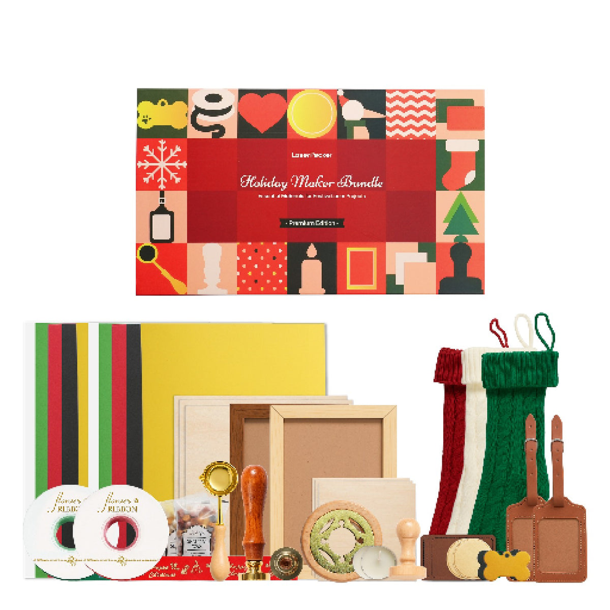 premium materials in laserpecker holiday bundle including solid wood brass metal and colored socks for professional laser projects.