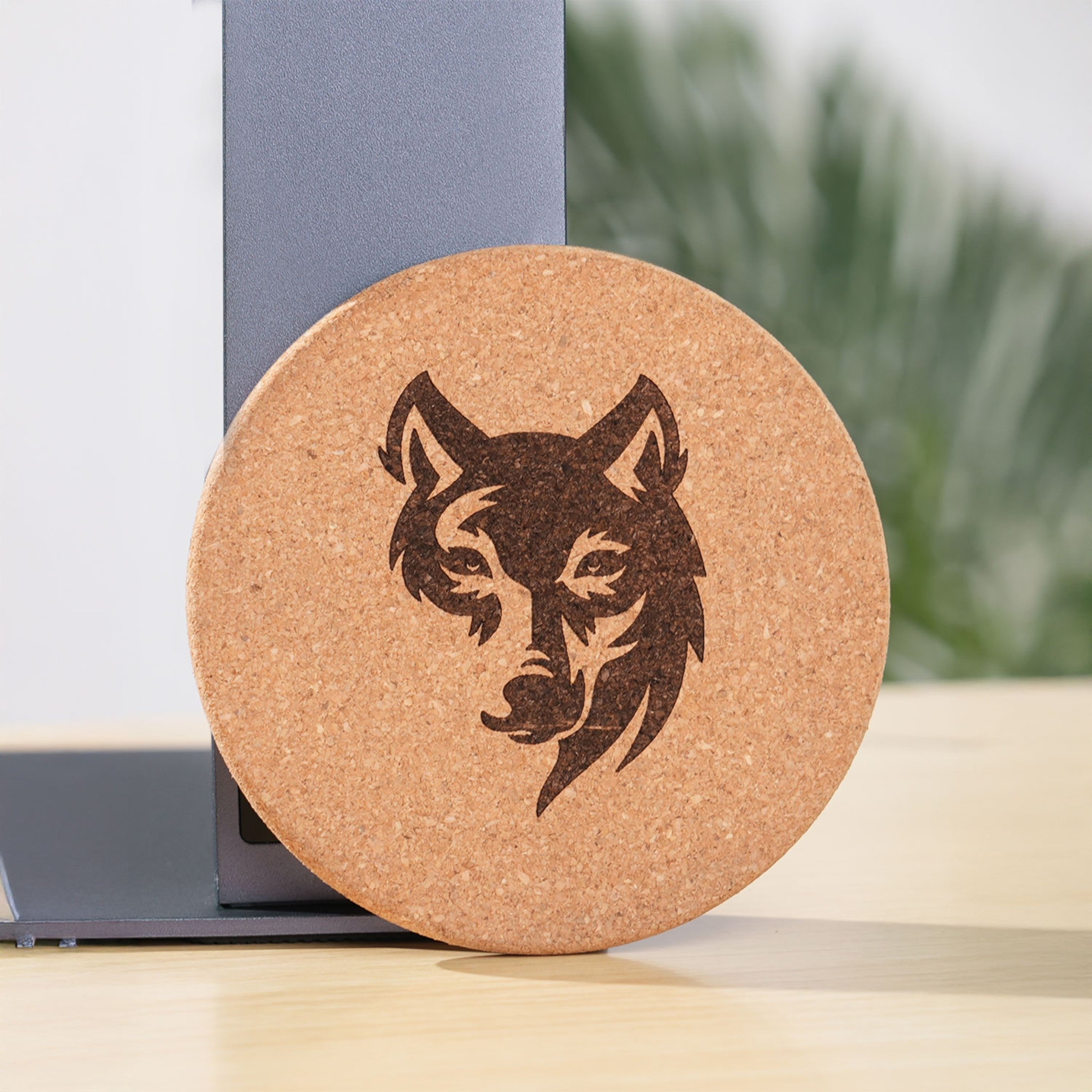 Engraved cork coaster featuring a detailed wolf head design, leaning against a LaserPecker machine stand.