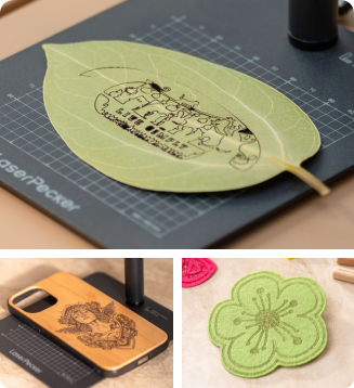 Œuvre d'art détaillée sur feuille réalisée avec la graveuse laser LP1 Plus, mettant en valeur une décoration DIY écologique et la gravure sur matériaux organiques.