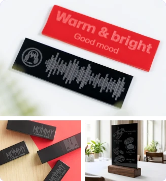 Plaquettes en acrylique gravées sur mesure avec des détails nets, créées par la graveuse laser LP1 Plus pour des étiquettes et signalétiques personnalisées.