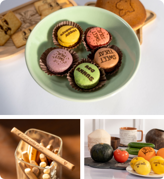 La graveuse laser LP1 Plus effectuant une gravure sans danger pour les aliments sur des macarons afin de créer un marquage unique et comestible ainsi que des desserts personnalisés.