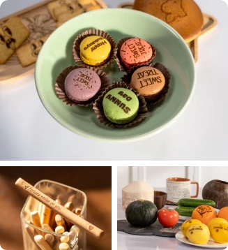 LP1 Plus laser engraver performing food-safe engraving on macarons to create unique, edible branding and customized desserts.