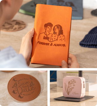 Gros plan sur une couverture de carnet en cuir ornée de motifs précis réalisés par gravure laser avec la graveuse de précision LP1 Plus.