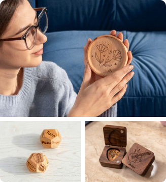 Sous-verres en bois personnalisés avec motifs floraux réalisés par la LP1 Plus, parfaits pour des cadeaux personnalisés.